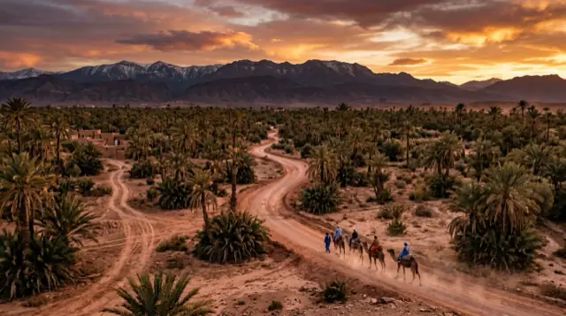 Pistes de la Palmeraie de Marrakech au coucher du soleil, terrain de quad et buggy